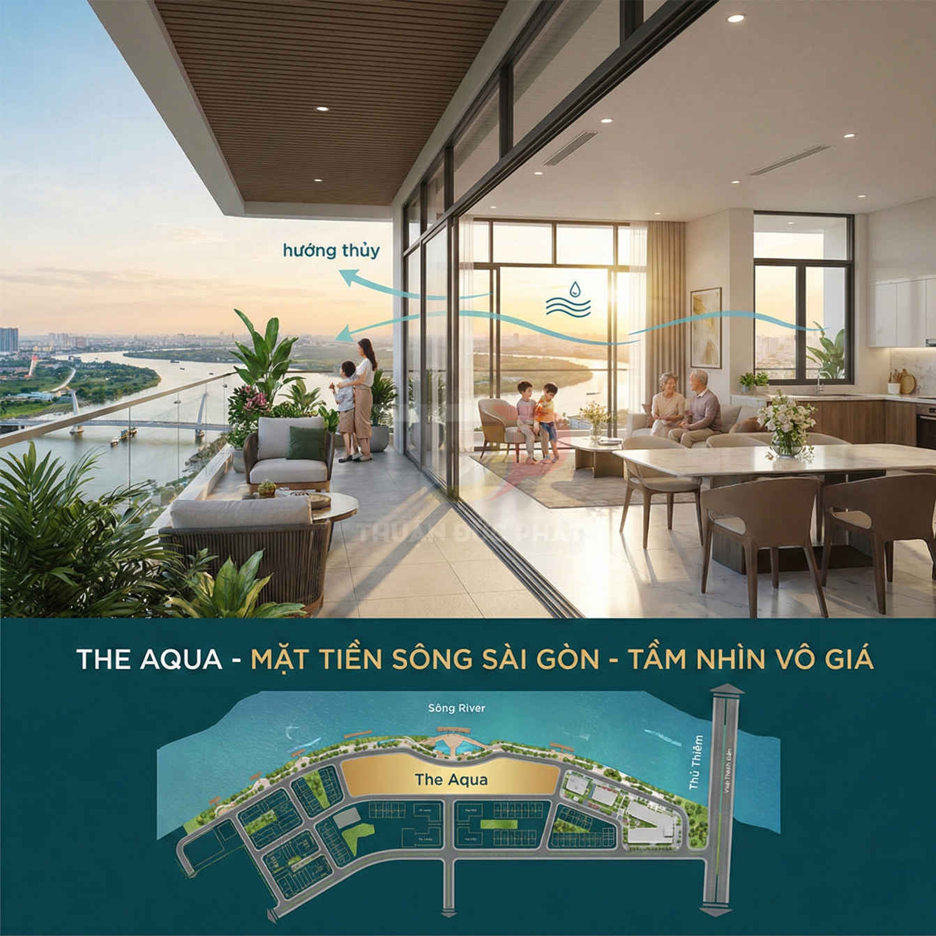 Căn hộ The Aqua view sông Sài Gòn, phòng khách và ban công rộng, gia đình thư giãn ngắm hoàng hôn