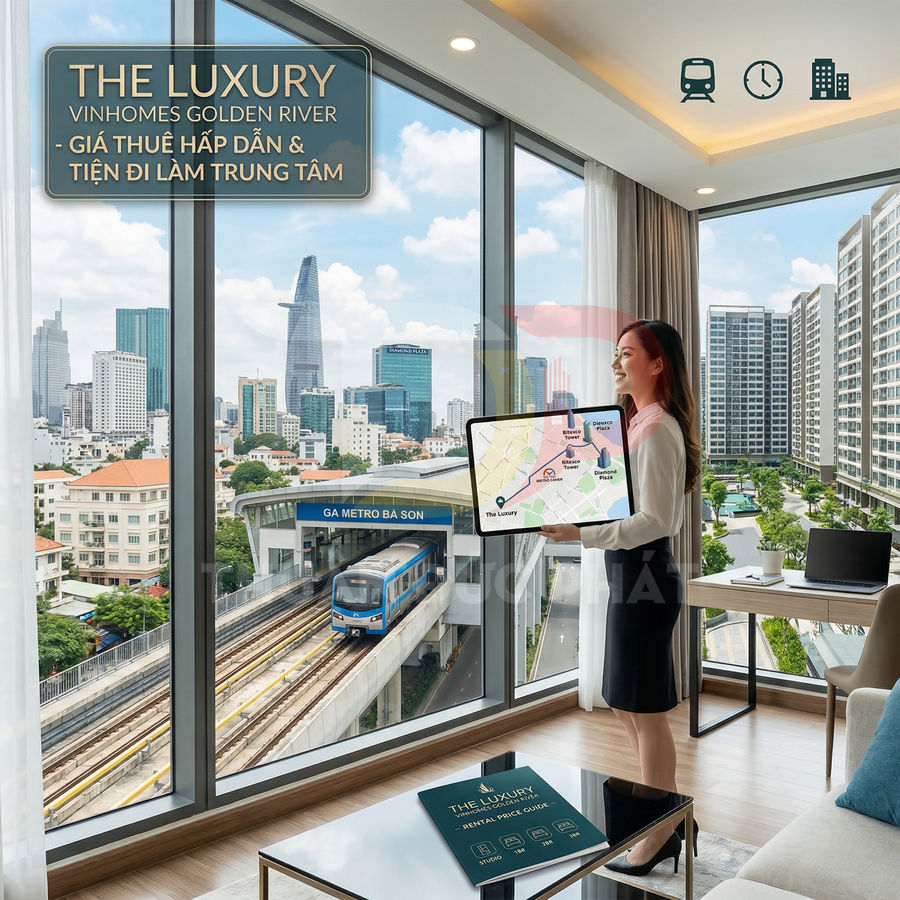 Căn hộ Vinhomes Golden River view ga metro Ba Son và trung tâm thành phố, nhân viên tư vấn cầm bản đồ dự án