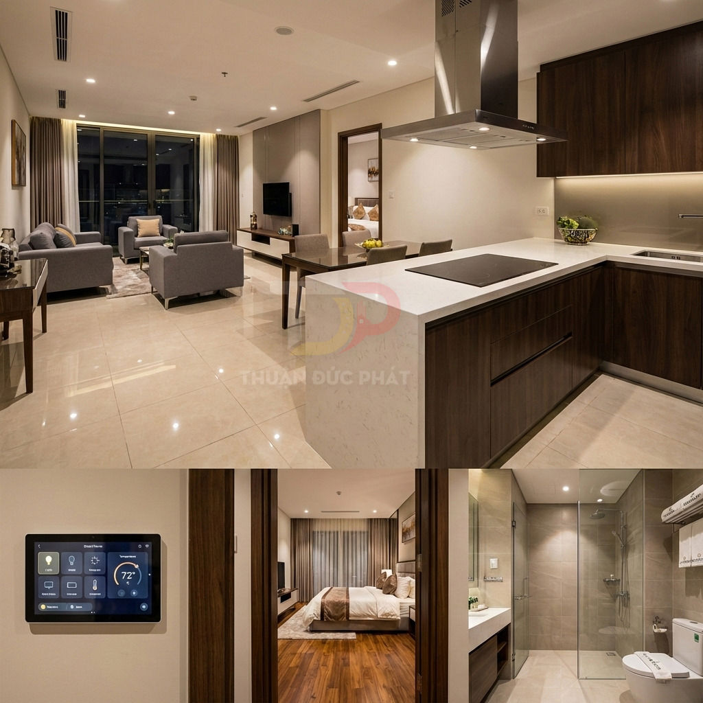 Căn hộ cao cấp nội thất gỗ hiện đại với bếp mở, phòng khách, phòng ngủ và phòng tắm sang trọng