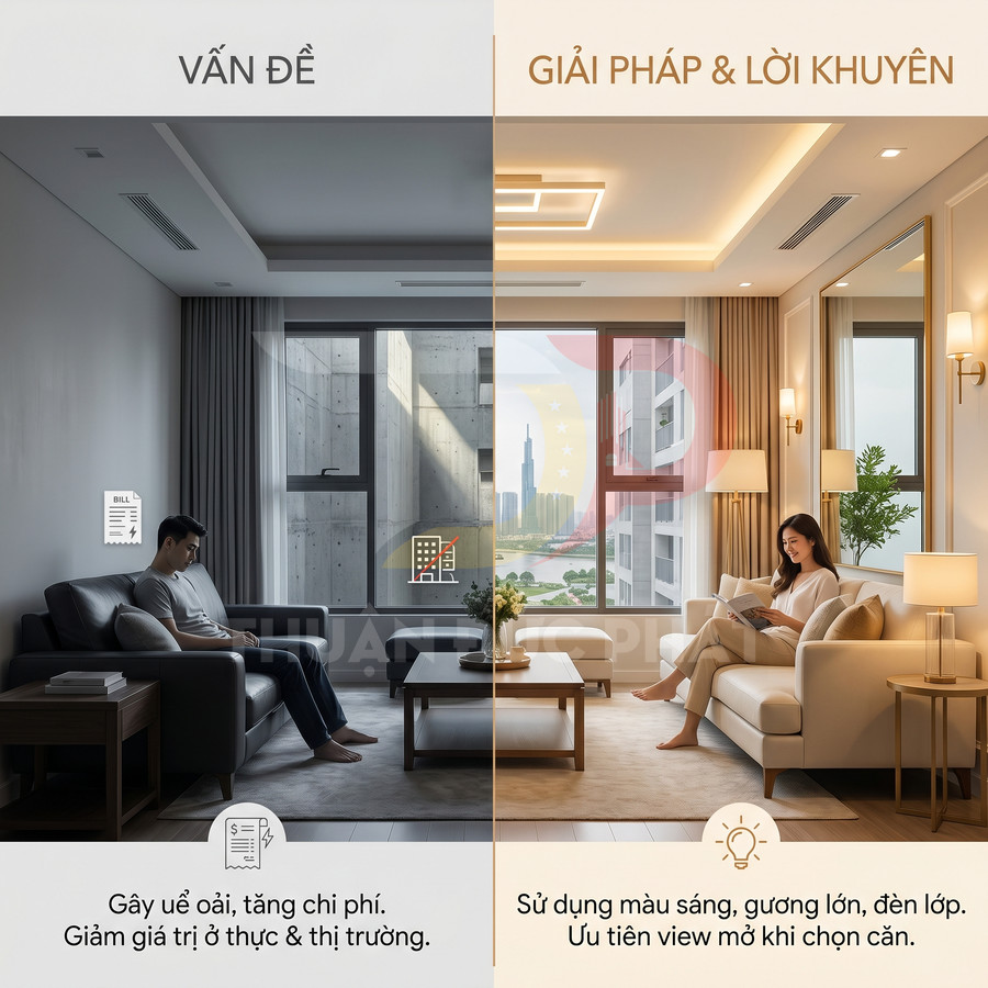 So sánh phòng khách tối tăm với phòng khách sáng dùng đèn, màu sáng và cửa sổ lớn tăng giá trị căn hộ