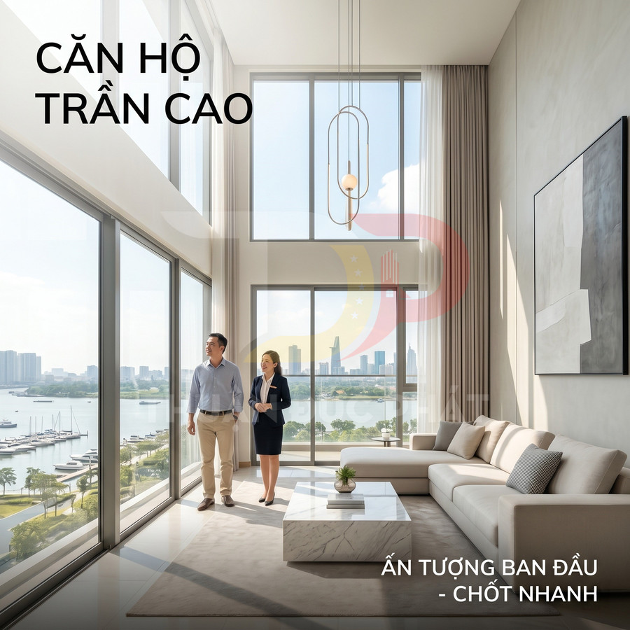 Căn hộ trần cao sang trọng với cửa kính lớn view sông và thành phố, khách tham quan cùng môi giới bất động sản