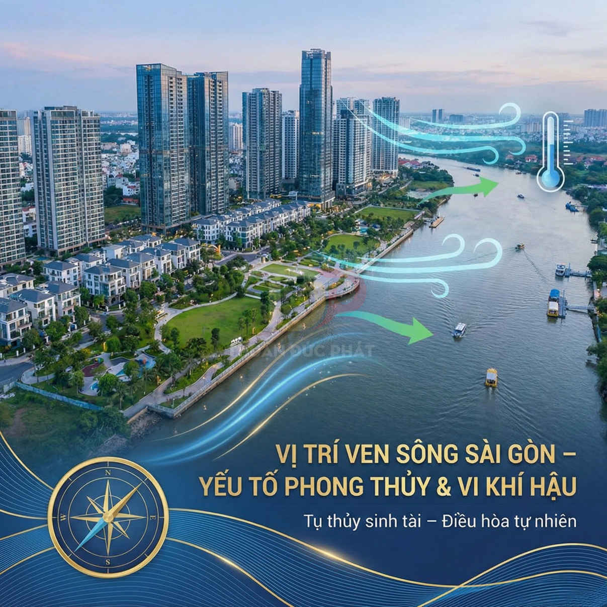 Khu căn hộ cao cấp ven sông Sài Gòn với công viên xanh và thuyền di chuyển trên sông
