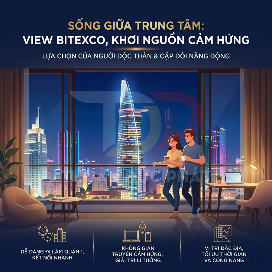 Căn hộ view Bitexco về đêm với cặp đôi thư giãn bên cửa kính, không gian sống hiện đại giữa trung tâm Sài Gòn