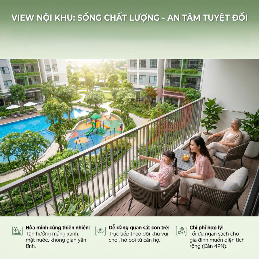 Ban công căn hộ cao cấp nhìn xuống hồ bơi, sân chơi trẻ em và khuôn viên nội khu nhiều cây xanh