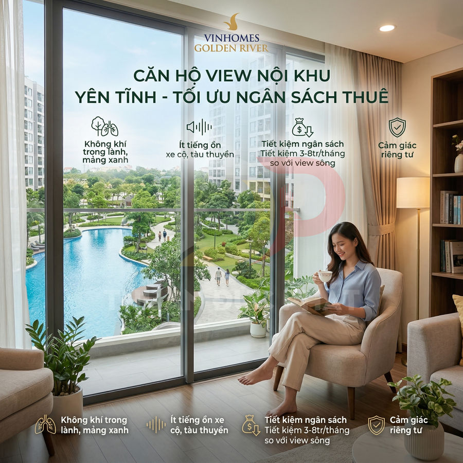Căn hộ Vinhomes Golden River view nội khu yên tĩnh, hồ bơi và mảng xanh, cô gái thư giãn đọc sách bên cửa kính