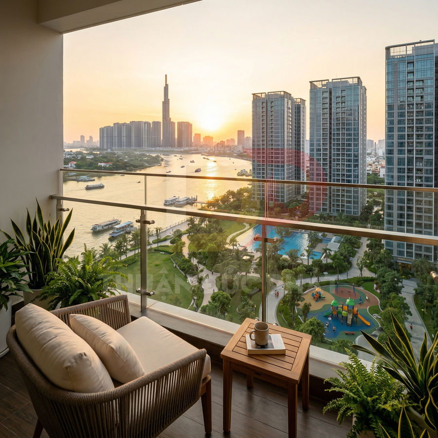 Ban công căn hộ với ghế thư giãn, bàn gỗ nhỏ nhìn ra sông và khu chung cư cao tầng lúc hoàng hôn