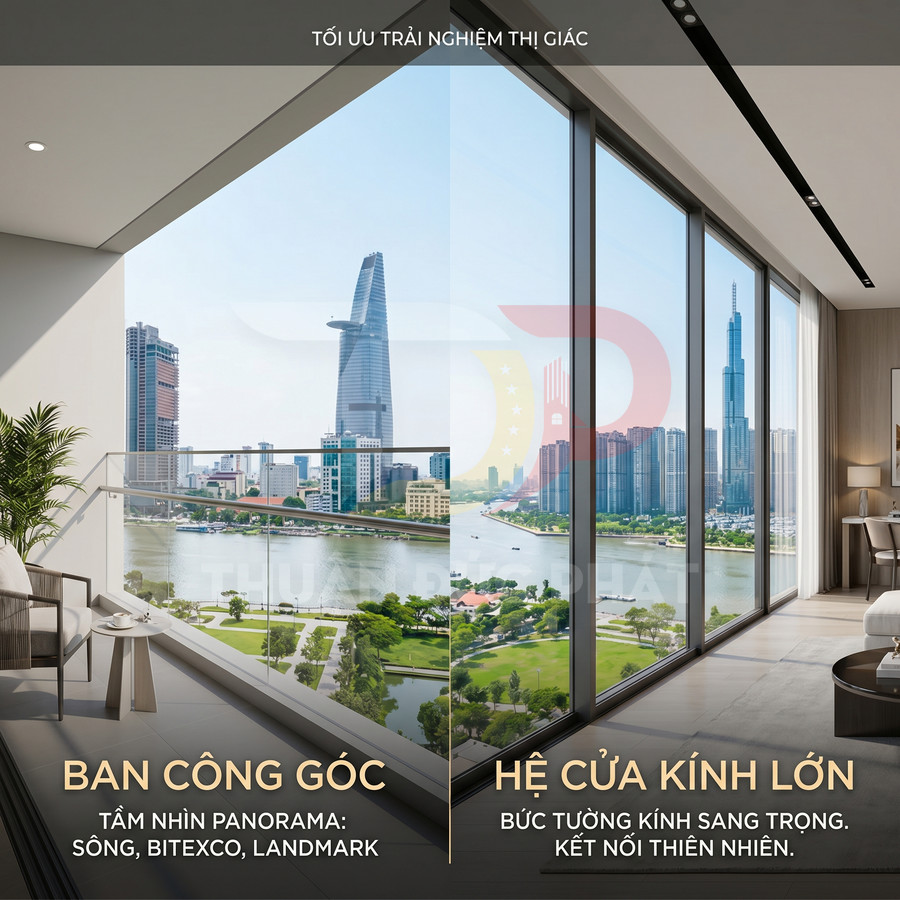 Căn hộ cao cấp với ban công góc và hệ cửa kính lớn nhìn toàn cảnh sông Sài Gòn và Bitexco, Landmark 81