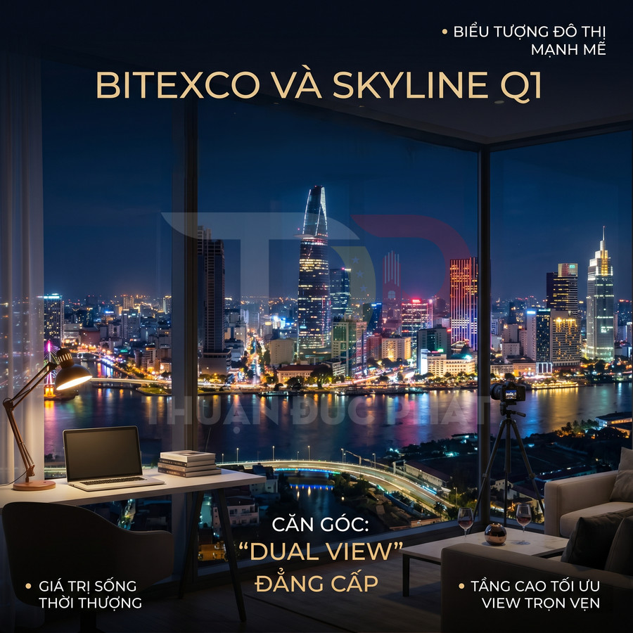Căn hộ cao cấp view sông Sài Gòn và tòa nhà Bitexco về đêm với bàn làm việc và sofa sang trọng