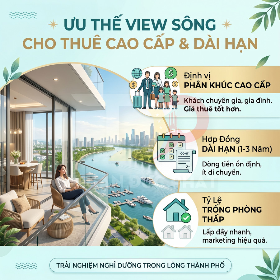 Căn hộ cao cấp view sông cho thuê dài hạn, ban công rộng nhìn ra bến du thuyền và trung tâm thành phố