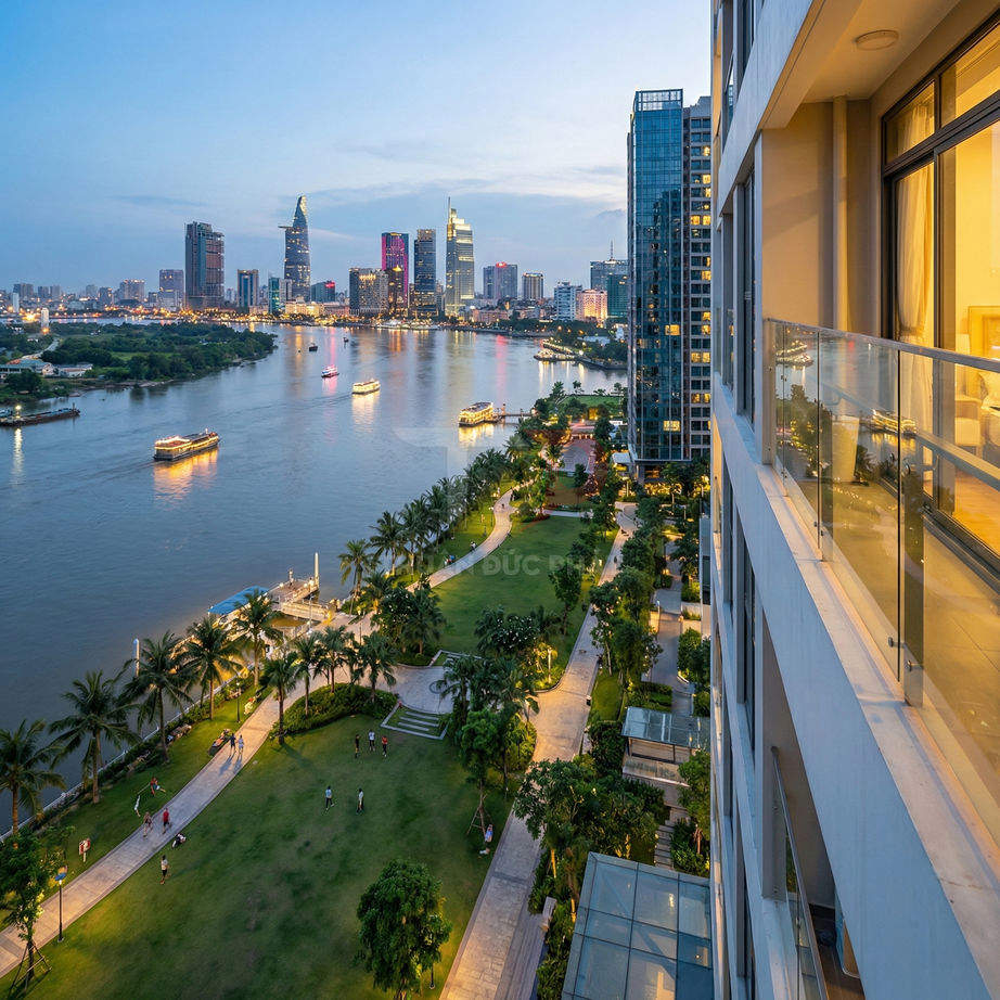 Ban công căn hộ cao cấp view sông và công viên xanh nhìn về trung tâm thành phố lúc hoàng hôn