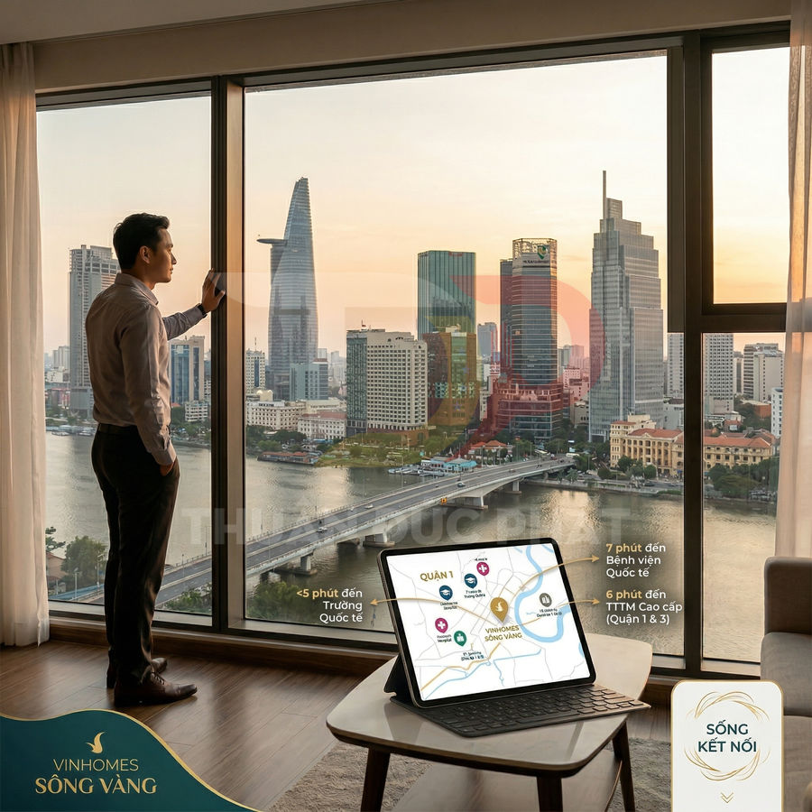 Căn hộ Vinhomes Sống Vàng view sông và trung tâm thành phố, bàn có máy tính bảng hiển thị bản đồ dự án