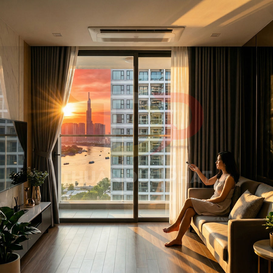 Căn hộ cao cấp với cửa kính lớn nhìn ra sông và tòa nhà cao tầng lúc hoàng hôn, cô gái thư giãn trên sofa