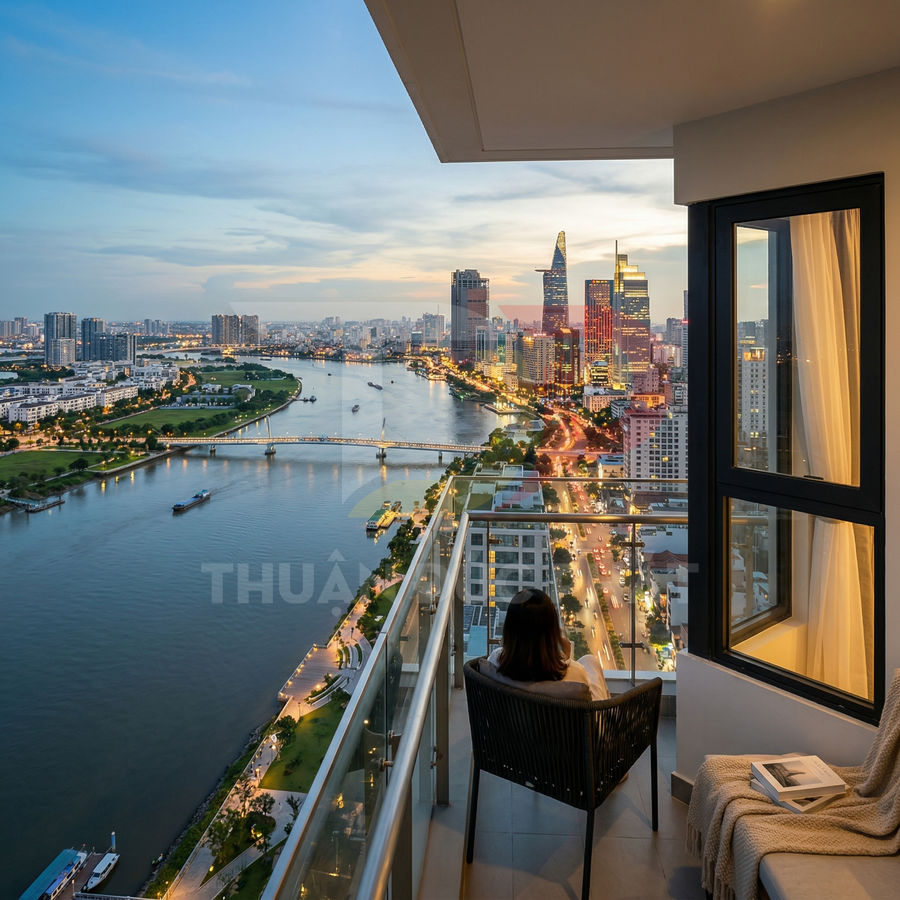 Ban công căn hộ cao cấp view sông và trung tâm thành phố về đêm