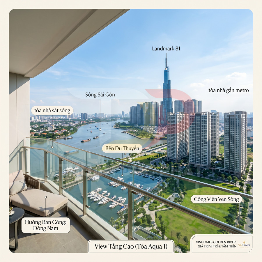 Ban công căn hộ Vinhomes Golden River view sông Sài Gòn, bến du thuyền và Landmark 81 từ tòa Aqua 1