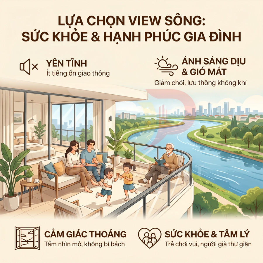 Căn hộ view sông với ban công rộng, gia đình thư giãn và trẻ em vui chơi trong không gian xanh yên tĩnh