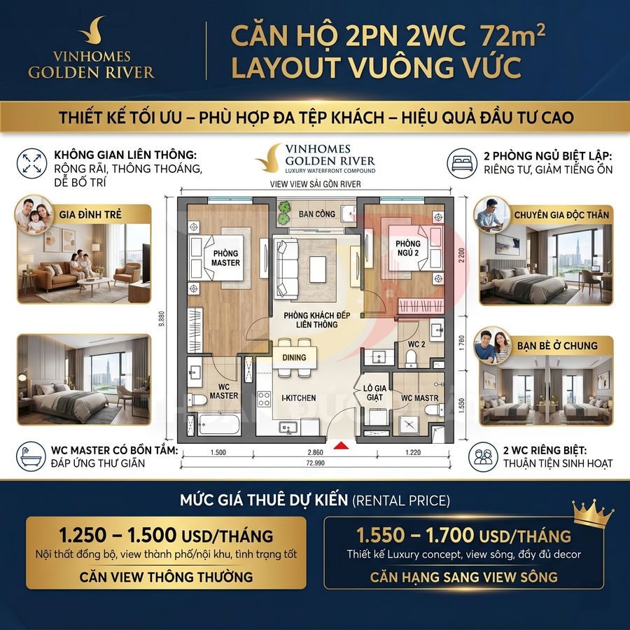 Mặt bằng căn hộ 2 phòng ngủ 2WC 72m2 Vinhomes Golden River kèm tiện ích và giá thuê dự kiến