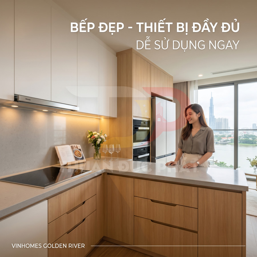 Căn bếp chung cư Vinhomes Golden River hiện đại, tủ gỗ, thiết bị bếp âm tường đầy đủ, view sông và thành phố