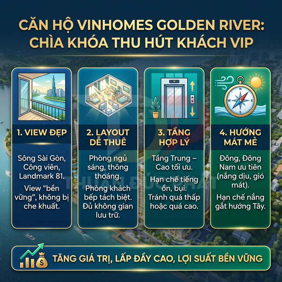 Infographic căn hộ Vinhomes Golden River với 4 tiêu chí hút khách VIP và cam kết tăng giá trị, lấp đầy cao