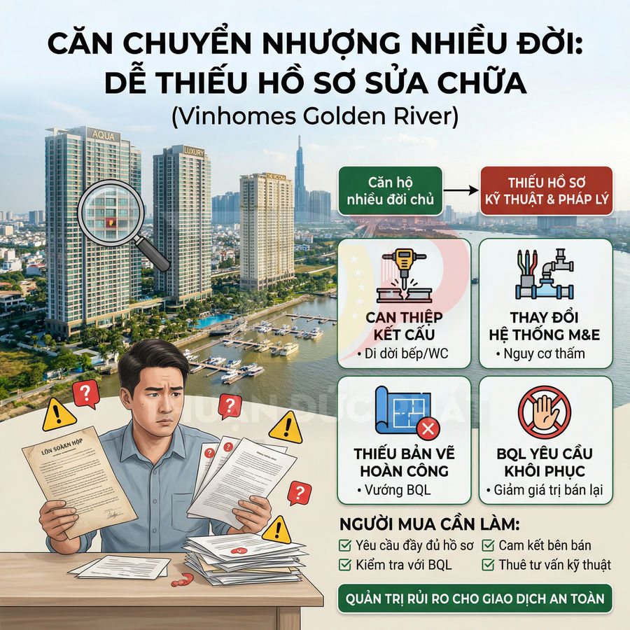 Infographic cảnh báo rủi ro mua căn hộ chuyển nhượng nhiều đời tại Vinhomes Golden River thiếu hồ sơ sửa chữa