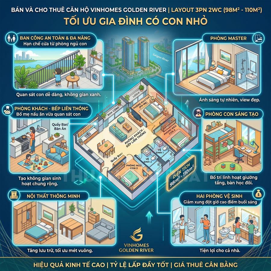 Infographic căn hộ 3 phòng ngủ Vinhomes Golden River tối ưu cho gia đình có con nhỏ, nội thất thông minh, ban công an toàn