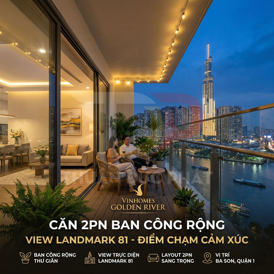 Căn hộ Vinhomes Golden River 2 phòng ngủ ban công rộng view Landmark 81 và sông Sài Gòn buổi tối