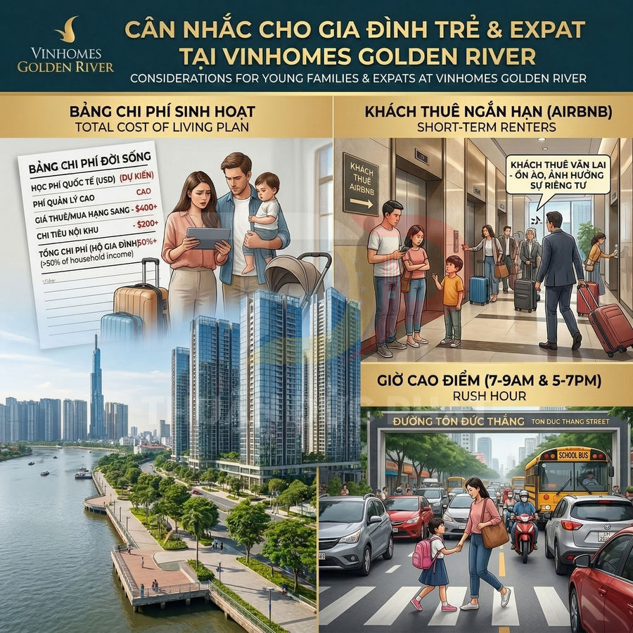 Infographic Vinhomes Golden River nêu chi phí sinh hoạt, khách thuê Airbnb, giờ cao điểm và cảnh gia đình trẻ tại khu đô thị