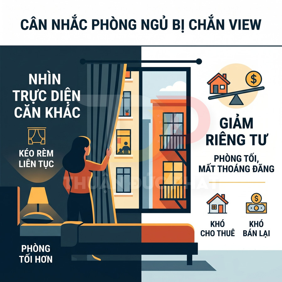 Minh họa phòng ngủ chung cư bị chắn view, cửa sổ nhìn thẳng sang nhà đối diện, giảm riêng tư và khó cho thuê bán lại