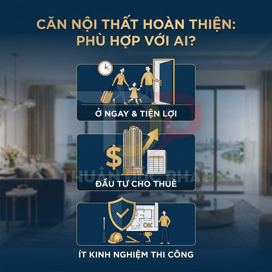 Thiết kế nội thất căn hộ hoàn thiện, phù hợp cho ở ngay, đầu tư cho thuê và người ít kinh nghiệm thi công