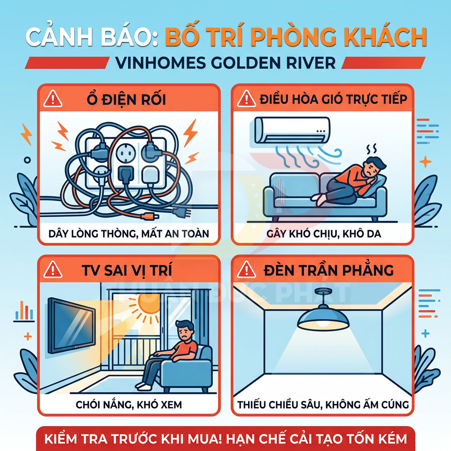 Cảnh báo bố trí phòng khách Vinhomes Golden River với ổ điện rối, điều hòa, TV sai vị trí và đèn trần phẳng