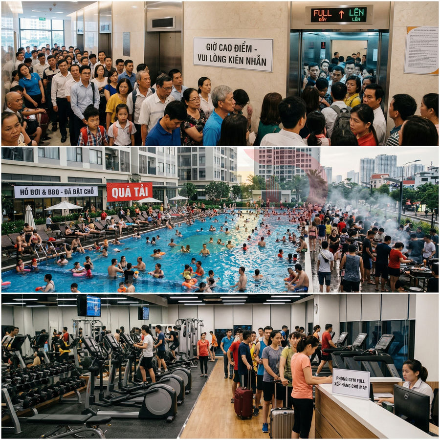 Cư dân xếp hàng chờ thang máy, bể bơi và phòng gym chung cư quá tải người sử dụng