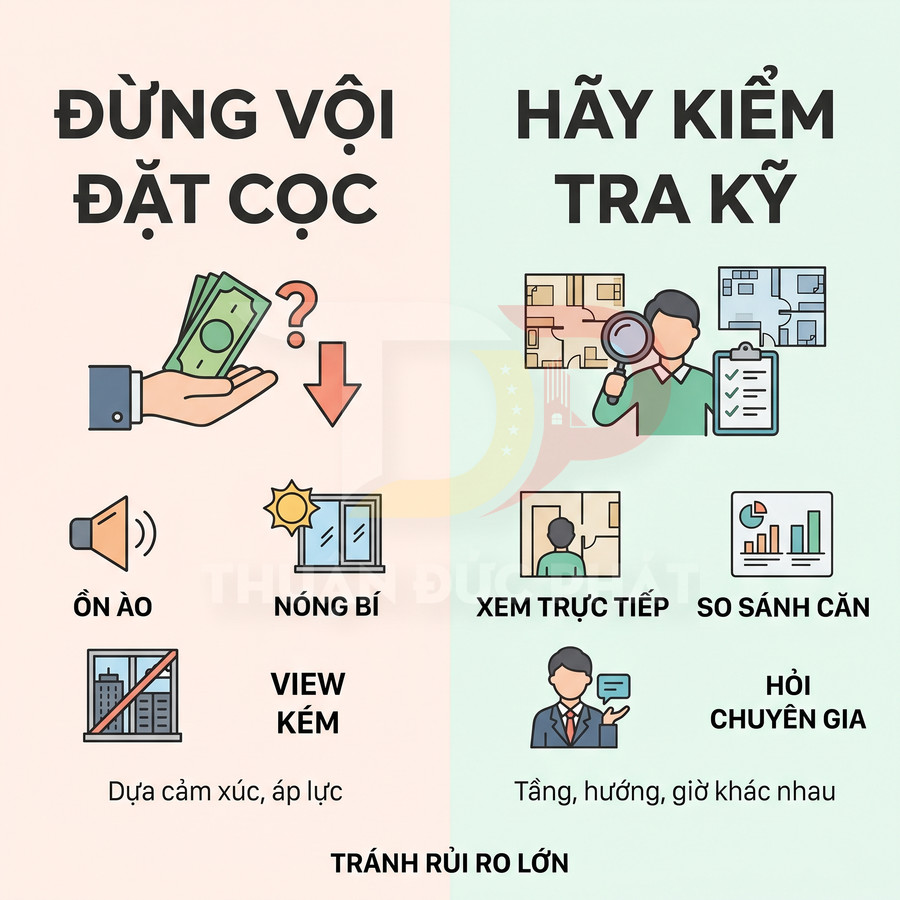 Infographic lời khuyên mua bất động sản không vội đặt cọc và cần kiểm tra kỹ để tránh rủi ro