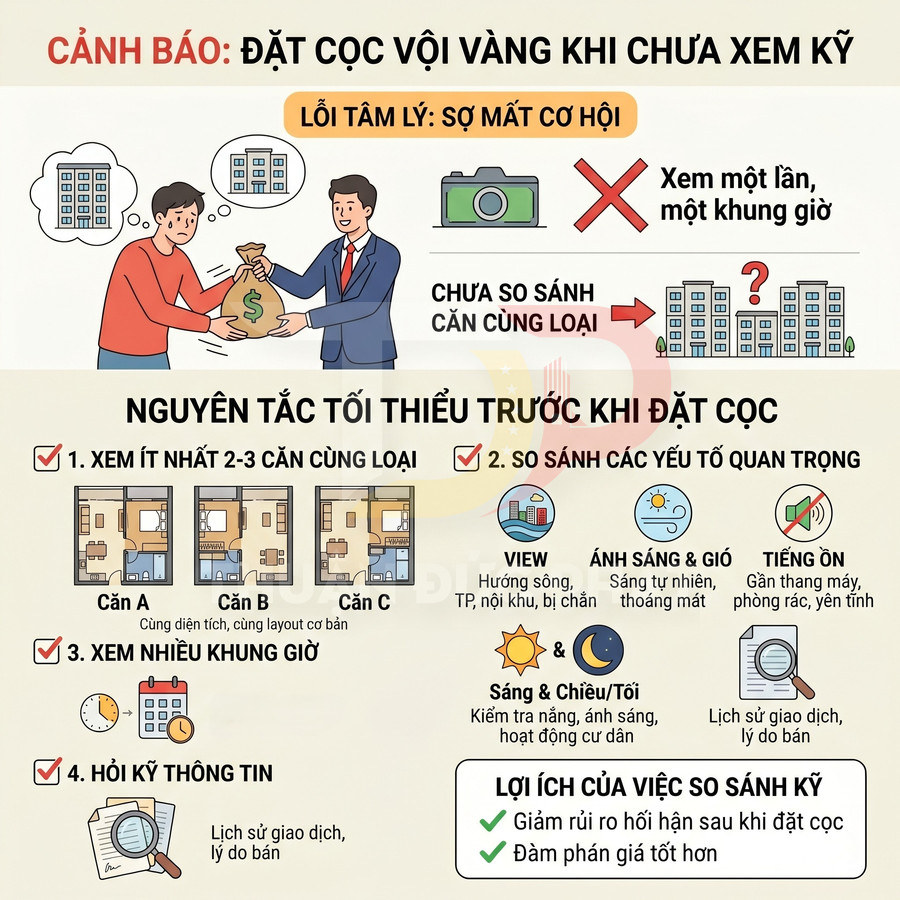 Infographic cảnh báo rủi ro đặt cọc mua căn hộ vội vàng và hướng dẫn nguyên tắc so sánh kỹ trước khi quyết định