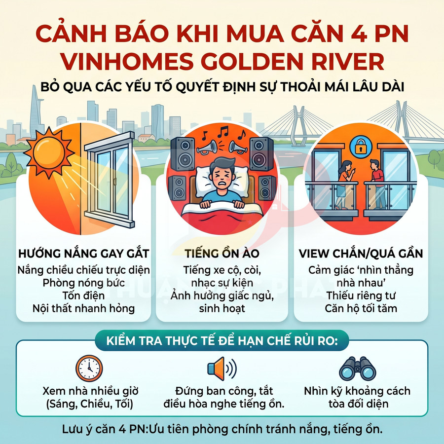Infographic cảnh báo khi mua căn hộ 4 phòng ngủ Vinhomes Golden River về nắng gắt, tiếng ồn và view chắn