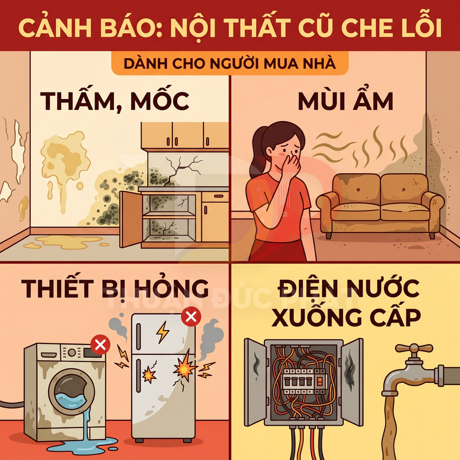 Cảnh báo nội thất cũ che lỗi với tường mốc, mùi ẩm, thiết bị hỏng và hệ thống điện nước xuống cấp trong nhà