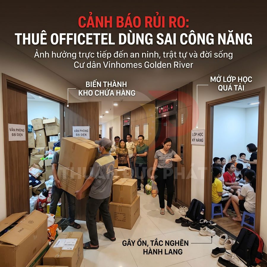 Cảnh báo rủi ro thuê officetel làm kho chứa hàng và lớp học kỹ năng gây ồn tắc nghẽn hành lang Vinhomes Golden River