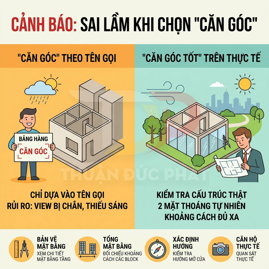 Infographic cảnh báo sai lầm khi chọn căn góc chung cư và cách kiểm tra căn góc tốt thực tế