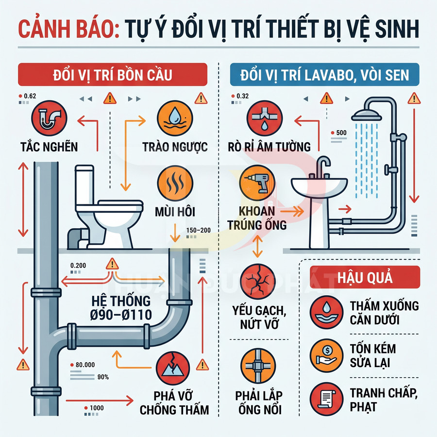 Sơ đồ cảnh báo hậu quả tự ý đổi vị trí bồn cầu lavabo vòi sen và hệ thống ống nước trong nhà vệ sinh