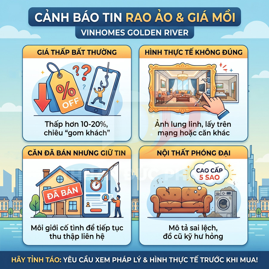 Infographic cảnh báo tin rao ảo và giá mồi khi mua căn hộ Vinhomes Golden River, nêu các chiêu lừa phổ biến