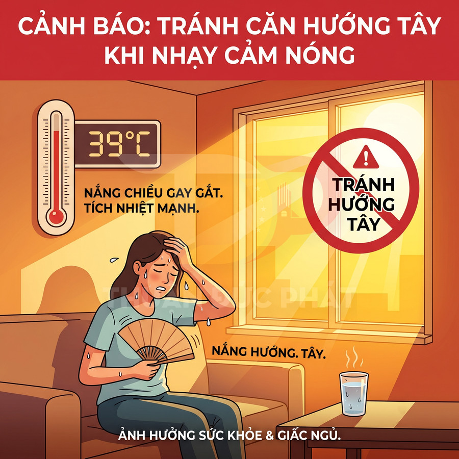 Người phụ nữ ngồi trong phòng hướng tây, trời 39 độ C, mồ hôi nhiều vì nắng nóng ảnh hưởng sức khỏe