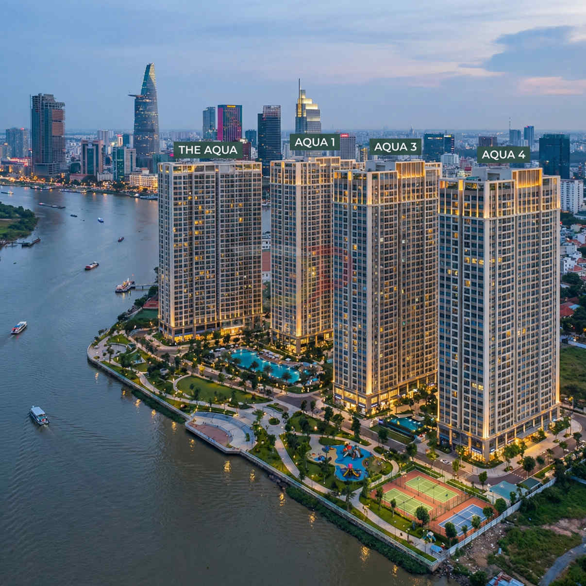 Tổ hợp căn hộ cao cấp The Aqua bên sông với hồ bơi, công viên và sân thể thao tại trung tâm thành phố