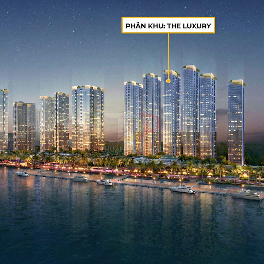 Phân khu căn hộ cao cấp The Luxury bên sông với bến du thuyền và hàng dừa về đêm