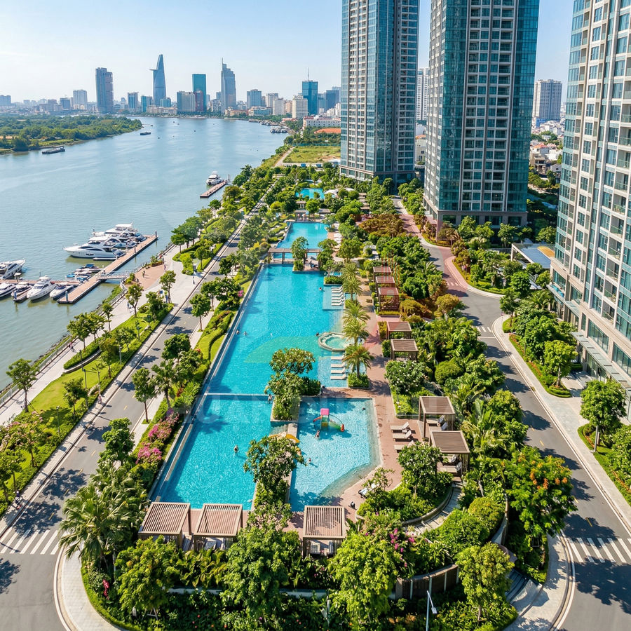 Hồ bơi ngoài trời lớn giữa khu căn hộ cao cấp ven sông với nhiều cây xanh và bến du thuyền