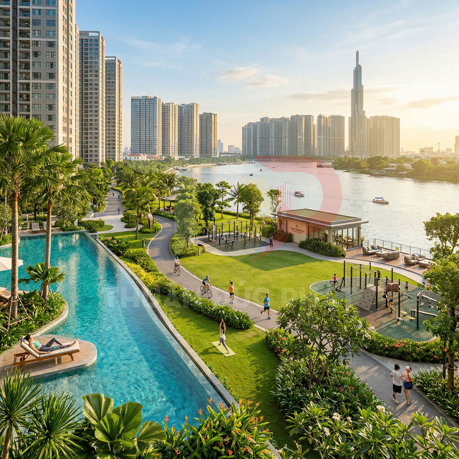 Khu căn hộ cao cấp ven sông với hồ bơi ngoài trời, công viên cây xanh và khu thể thao cho cư dân