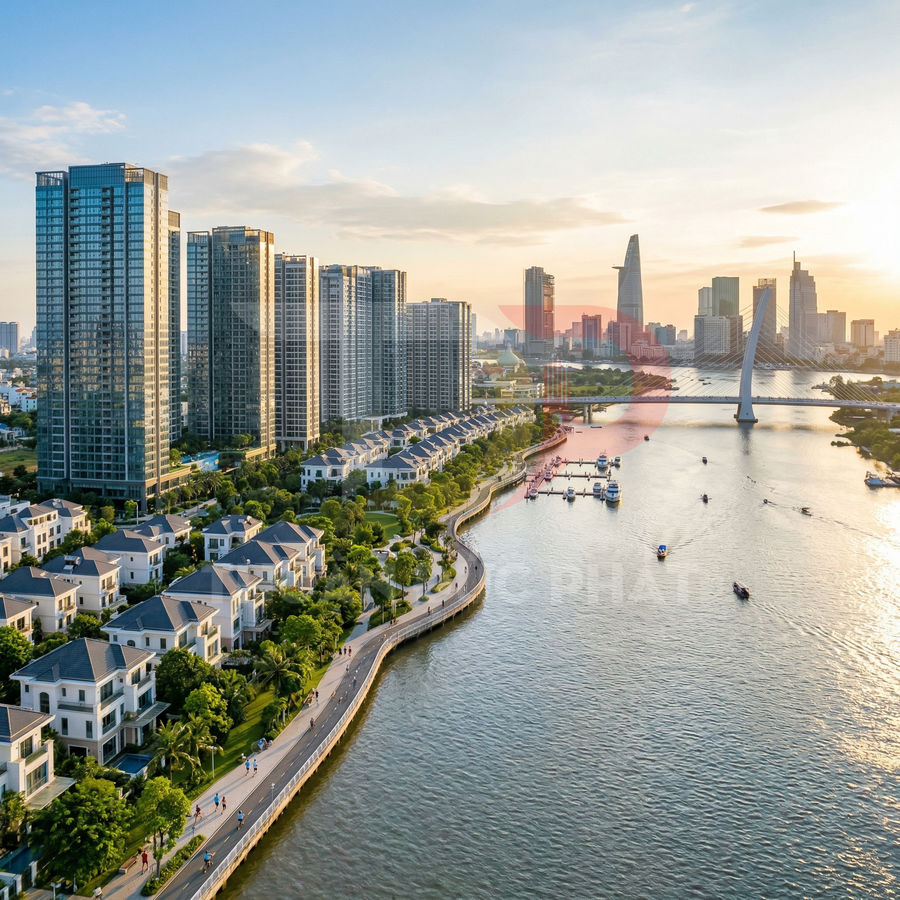 Khu căn hộ và biệt thự cao cấp ven sông với đường dạo bộ và view trung tâm thành phố hiện đại