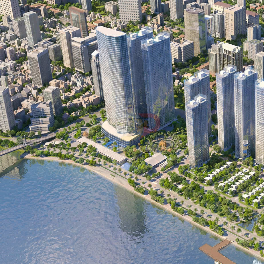 Phối cảnh khu căn hộ cao cấp ven sông với các tòa tháp kính hiện đại và đường dạo bộ cây xanh