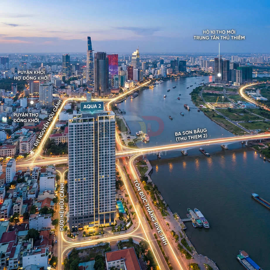 Tòa nhà căn hộ Aqua 2 bên sông Sài Gòn nhìn từ trên cao lúc hoàng hôn, bao quanh bởi đường Nguyễn Hữu Cảnh