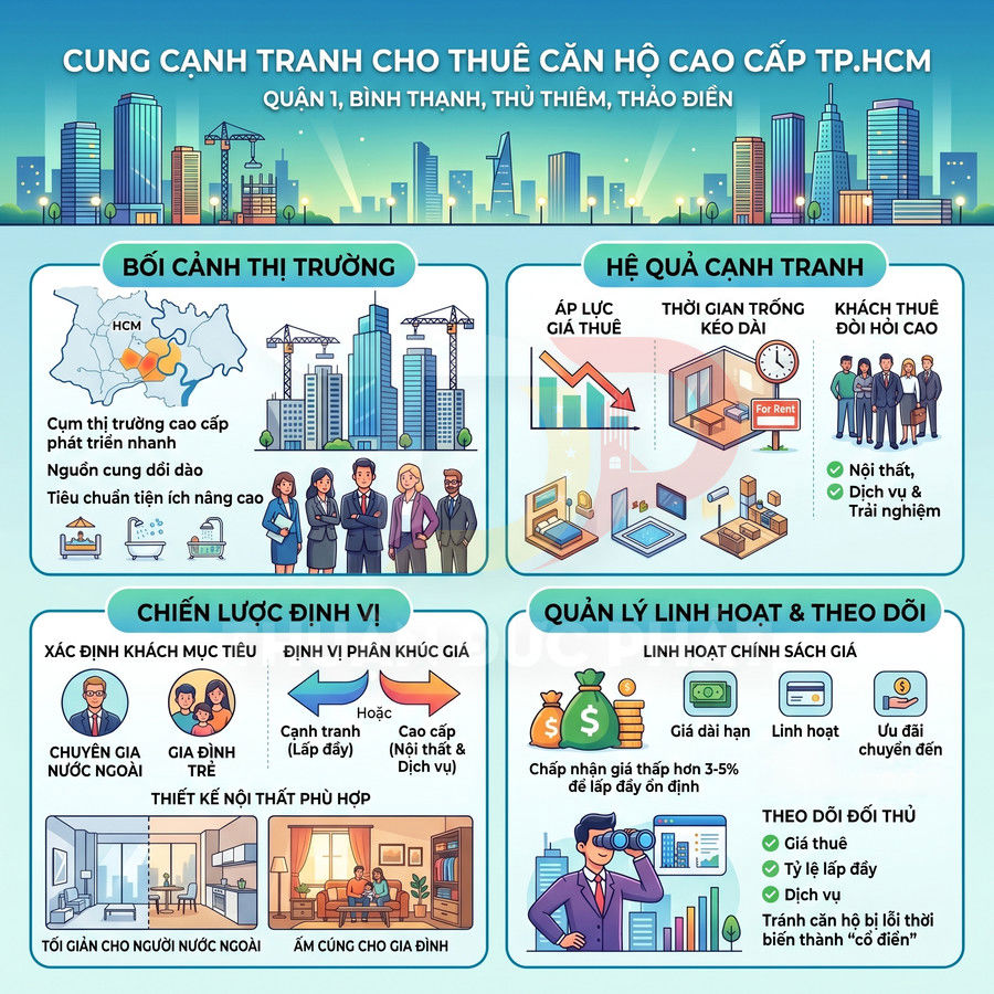 Infographic chiến lược cho thuê căn hộ cao cấp tại TP HCM với bối cảnh thị trường, cạnh tranh, định vị và quản lý giá