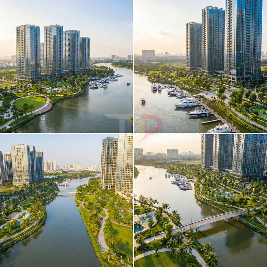 Tổ hợp căn hộ cao tầng ven sông với bến du thuyền và công viên cây xanh nhìn từ trên cao