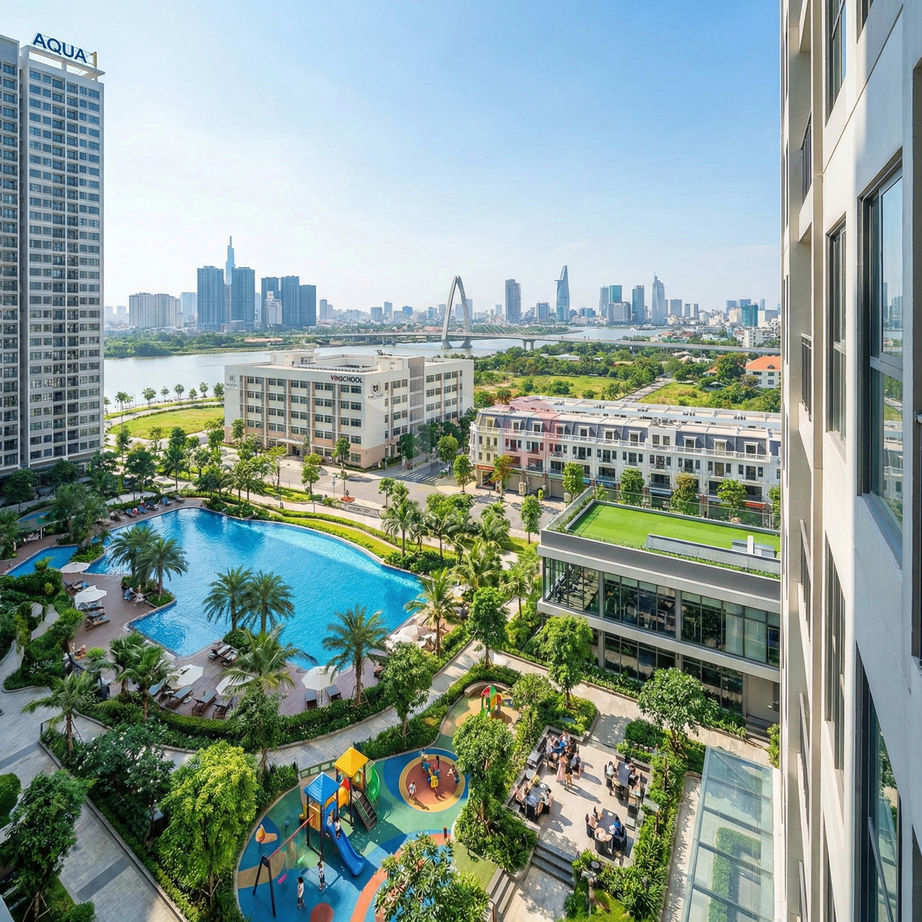 Khu căn hộ cao cấp có hồ bơi, sân chơi trẻ em và trường Vinschool nhìn ra sông và trung tâm thành phố