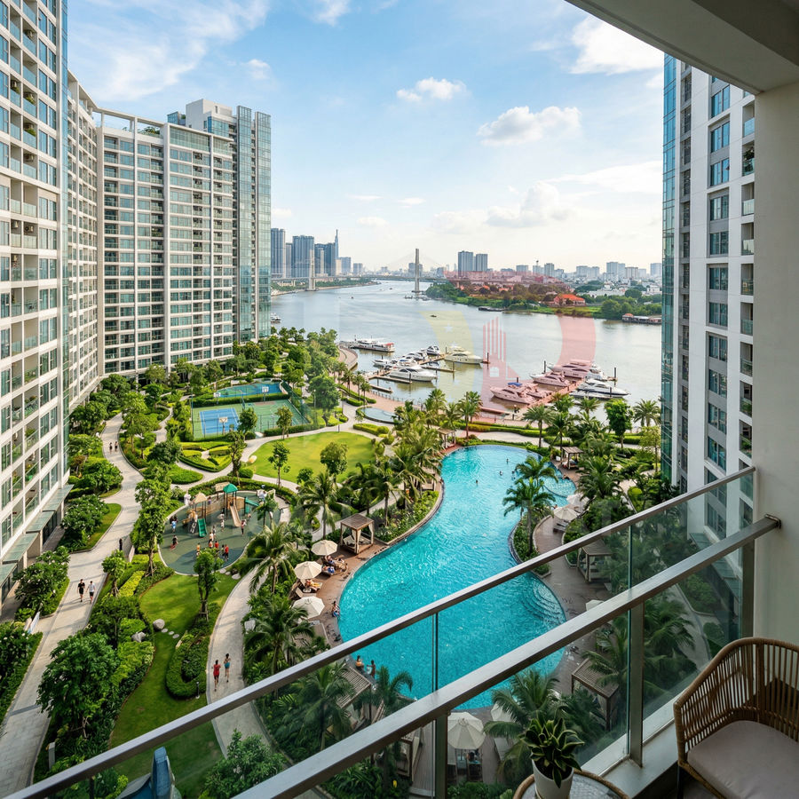 Căn hộ cao cấp view hồ bơi uốn lượn, sân vườn và bến du thuyền ven sông trong khu chung cư hiện đại